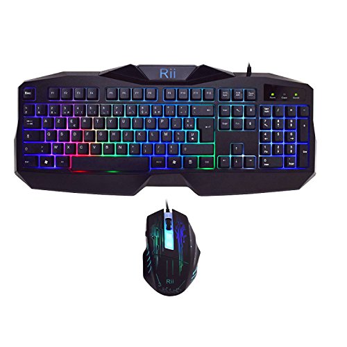 Rii Rétro-éclairage 7 Luminosités de Couleurs Clavier USB Gaming et Souris avec 1000-1600-2000 DPI et 4 Touches, Clavier AZERTY(Clavier de Gaming et Souris)