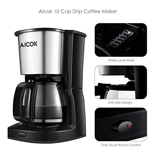 Aicok Filter Kaffeemaschine mit Thermoskanne Glaskanne und Warmhalteplatte, Elektrisch, 10 Tassen, 1,25L, 1000Watt, Schwarz, Schnell Kochen - 2