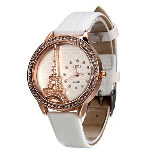 Blanco Reloj para Mujer La Torre Eiffel con Diamantes Reloj de Pulsera para Chica, Diseño Vintage Romantico Regalo para San Valentín -Avaner