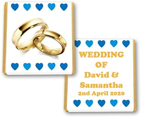 100 Personalised Wedding Mint Chocolate Squares Favours Gold Rings Blue Hearts - JUST Married