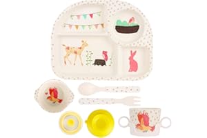 LOMUG Children's Crockery Set, Without Melamine, 5-Piece Crockery Set with Suction Cup, Baby Menu Tray, Baby Plate, Non-Slip BPA Free, Plate, Cup with Lid, Spoon, Fork for Children, Dishwasher Safe