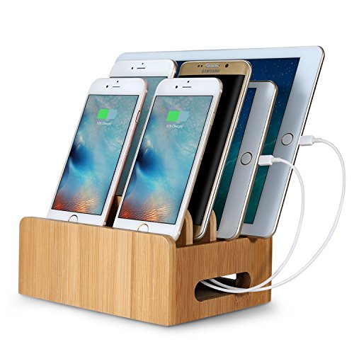 Upow Estaci  n de Carga de Bamb   natural para Multi-dispositivo con 4 Cuadros Organizador de Escritorio Soporte de Carga para Iphones Samsungs Tabletas Ipads 