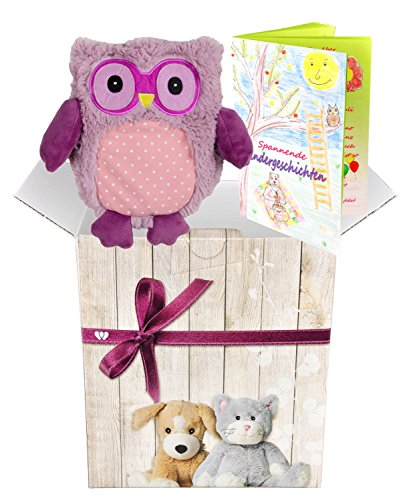 Preisvergleich Produktbild Warmies Geschenkset - Kuscheltier Minis Eule (violett) mit Lavendelduft Wärmekissen + Edle Geschenkverpackung + Büchlein mit spannenden Kindergeschichten