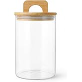 Deconox 900 ml Bambu Kapaklı Yuvarlak Cam Kavanoz, 10 cm &Ccedil;ap &times; 15 cm Y&uuml;kseklik, Contalı Kulplu Şeffaf Erzak ve Kuru Gıda Sakl