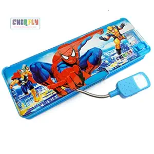 CHIRPLY Multipurpose Magnetic Pencil Box with LED Lamp Light & 2 Side Compartment for Girls & Boys for School Birthday Gift Big Size Cartoon Printed Stylish Pen Case for Kids (Spiderman Blue)
