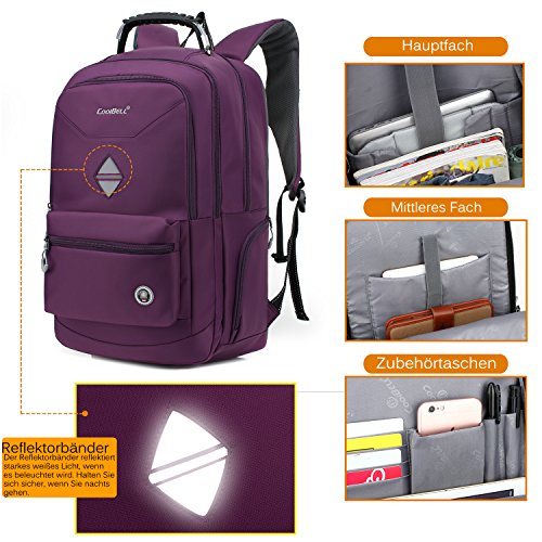 CoolBELL 18,4 Zoll Rucksack Laptop Tasche Reise Rucksack / wasserdicht Wandern Knapsack / Schützende Tagesrucksack passen 15 – 17,3 Zoll Laptop für Dell / HP / Lenovo / Macbook / Acer / Herren / Damen(Violett) - 8