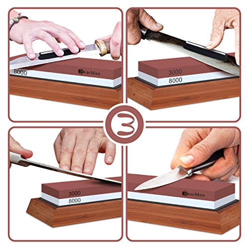 Schleifstein, BearMoo Wetzstein mit 3000/8000 Körnung für Messer, inkl. Anleitung zum Messer schärfen und Gummi-Steinhalter sowie Bambus Basis und Messer-Halter - 4