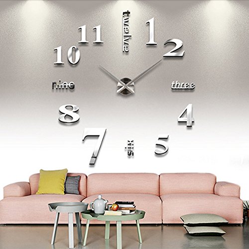 Anself Reloj de pared moderno de vidrio acrílico con pegatinas decorativas para calcomanía decoración extraíble para el hogar Grande Plata