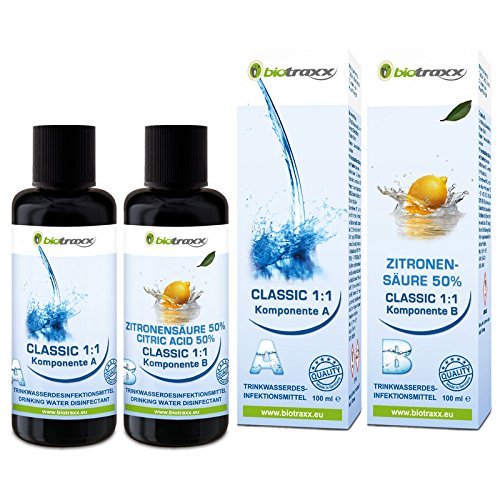 Biotraxx Wasseraufbereiter CLASSIC 1:1 Set 1x Natriumchloritlösung + 1x Aktivator, Zitronensäure 50% (2x 100 ml) im hochwertigen Violettglas