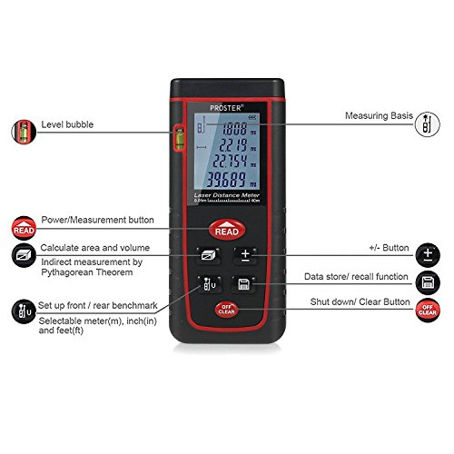 Proster Laser-Entfernungsmesser Entfernungsmessgerät Entfernungsmesser Distanzmesser Distanzmessgerät mit LCD Display und Wasserwaage Messbereich bis zu 60m - 4
