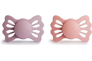FRIGG Lucky silikonowy smoczek, symetryczny smoczek, 2 sztuki, nie zawiera BPA, wyprodukowano w Danii, Pretty in Peach / Primrose - rozmiar 2 (6-18 miesięcy)
