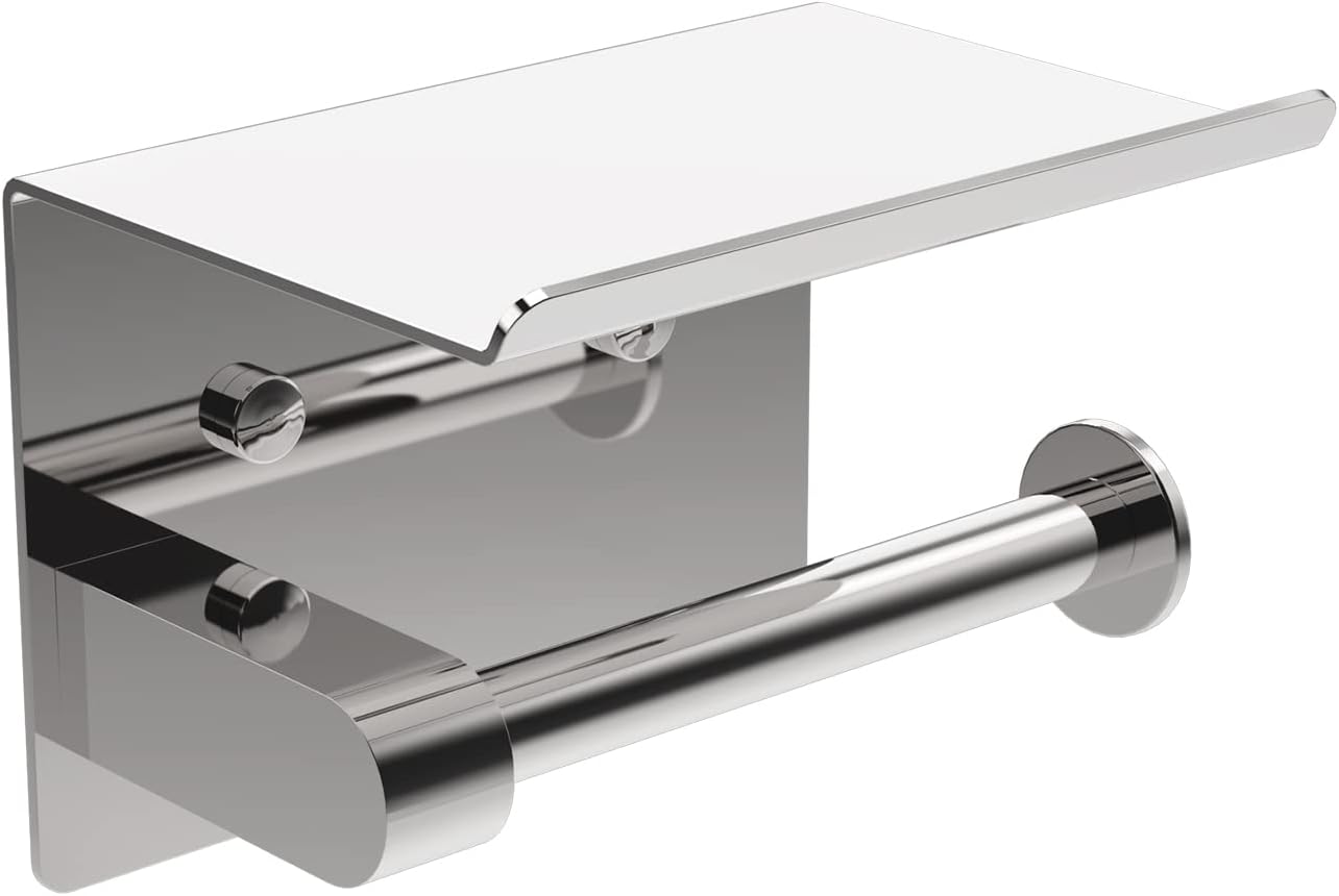 Ibergrif MK34053 - Portarrollos Adhesivo Sin Tapa de Papel Higiénico con el Teléfono Móvil Estante de Almacenamiento, Plata, Acero Inoxidable