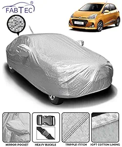 Fabtec Waterproof and Heat Resistant Mirror and Antenna Pocket Car Body Cover for Hyundai Grand I10 with Soft Cotton Lining (Full Bottom Elastic, Full Sized, Triple Stitched) (Metallic Silver)