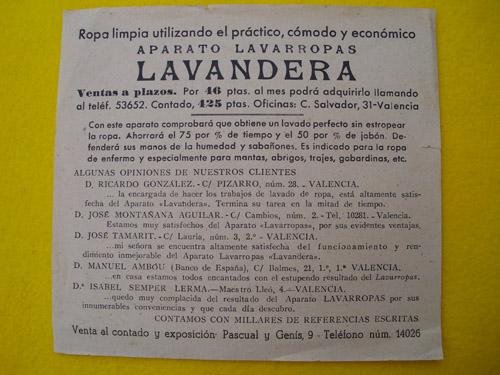 Folleto Publicidad - Advertising Poster: APARATO LAVARROPAS LAVANDERA