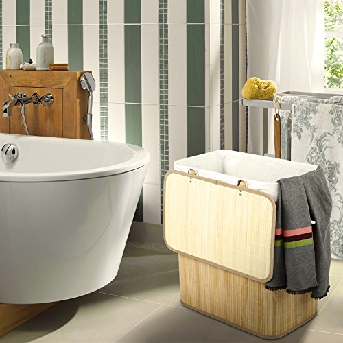 Homitex 100L Groß Bambus Faltbar Wäschekorb H x B x T: ca. 60 x 54 x 33 cm Wäschebox Wäschesammlermit fest fixiertem Wäschesack und Deckel (Natur) - 7