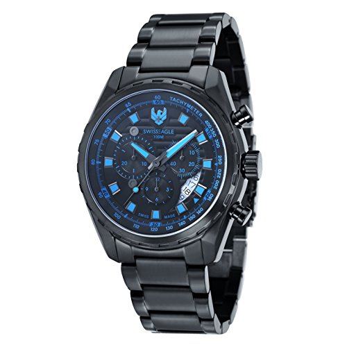 Swiss Eagle Men's Chronograph Engineer Field Quartz Watch with Black Dial Analogue Display and Black Stainless Steel Plated Bracelet SE-9062-88
