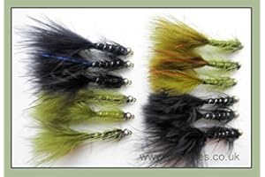 TROUTFLIES UK LURES Trout Flies,12 Flash Damsels, Olive & Black, Blue and Red Flash, Size 10