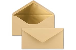 ‎NEUSER PAPIER 25 Brief-Umschläge DIN Lang - Karamell mit Gold-Metallic Innen-Futter - 110 x 220 mm - Nassklebung - festliche Kuverts für Einladungen