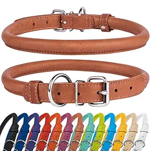 CollarDirect Rolled Leather Dog Collar, Soft Padded Round Puppy Collar, Handmade Genuine Leather Collar Dog Small Large Cat Collars Black Pink Red Purple Blue (Fits 9
