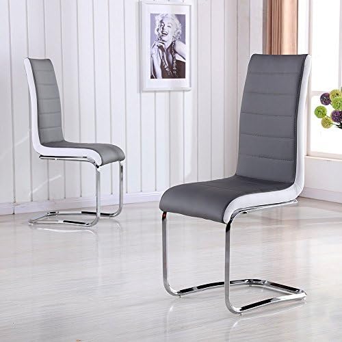 Schindora® Faux Leather Dining Chairs with High Back and Chrome Legs Grey with White Side (6 chairs)