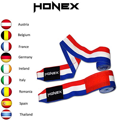 Honex - Vendas para Manos, para Boxeo, Extensibles, de Estilo Mexicano, de 4 Metros, con diseño de la Bandera de Francia, Boxeo y Artes Marciales, Muy Suaves y duraderas, Unisex, 1 par