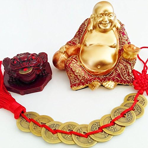 Wealth Enhancer Kit - Feng Shui - Laughing Budda, Money Frog, 10 Coin Stringed on Auspicious Red Cord.