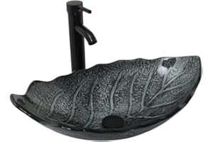 YU YUSING Lavabo en Verre avec Robinet, Vasque à Poser, Lave-Mains, pour Salle de Bain, Cuisine, Toilette, WC d'invités, Argenté Gris Moderne, en Forme de Feuille, 62 x 42 x 21 cm