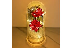 UNIQICON La Bella e La Bestia Rose Incantate, Rosa Eterna, Elegante Cupola di Vetro con Base Pino Luci LED, Romantico Kit di Rose per Il San Valentino Anniversario Matrimonio Regalo di Festa della Mamma