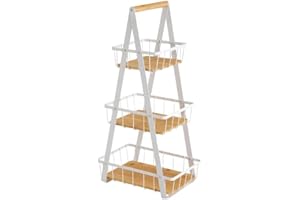 LEKE GO Frutero de 3 pisos de metal y bambú natural estilo nordico para cocina (Blanco)