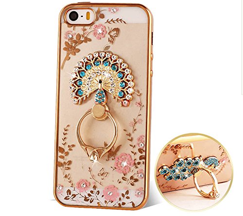 Preisvergleich Produktbild iPhone 5 / 5S / SE Ring Pfau Hülle- Ultra Slim TPU Silikon Transparent , Schutzhülle Muster Glänzend Glitzer Strass Pfau Bumper Kristall Diamant Stoßdämpfend Transparent Spiegel Schutz Handy Hülle Crystal Case Tasche Etui Bumper Mädchen für Apple iPhone 5 / 5S / 5E (4,0 Zoll) [ Pfau Bumper Gold]