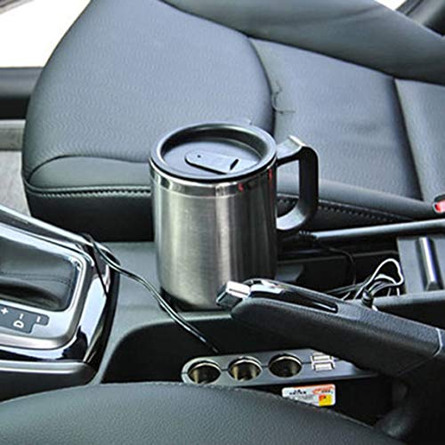 CATUO Tazza da Viaggio riscaldata 12V 500ML + Cavo per Tazza con Montaggio su Veicolo in Acciaio Inossidabile(Colore:Silver + Nero)(Taglia:)
