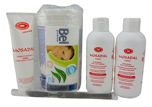 Kosmetische Hand-und Fußpflegeset 5 in 1 Professionelle Hornhautentfernung! 2 x Mosadal Lotion 250ml - Mosadal Creme Hydratante Urea 100ml - Mosadal Kosmetikwatte 25g - Hornhautschaber stumpfes Skalpell aus Chirugenstahl