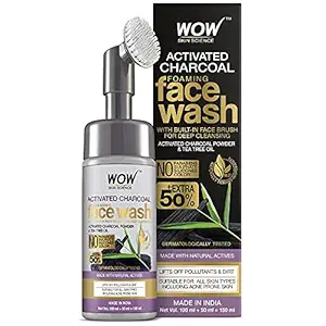 WOW Skin Science Charcoal Foaming Face Wash with Built-In Face Brush for deep cleansing - No Parabens, Sulphate, Silicones & Color - 150mL