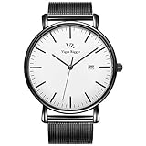 Vigor Rigger Damen Uhren Unisex Armbanduhr Dünne schwarz Quarzuhr mit weiß Zifferblatt Datum Kalender und Edelstahl Mesh Armband Einfach Design