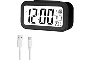 Jsdoin Reloj Despertador Digital, LED Pantalla Reloj Alarma Inteligente con Temperatura, Sensor de Brillo, 12/24 Horas, Función Snooze y Alarma para Dormitorio, Hogar, Oficina(Recargable,Negro)