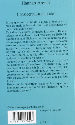 Book's Cover of Considérations morales : Précédé de Pour dire au revoir à Hannah (1907-1975)