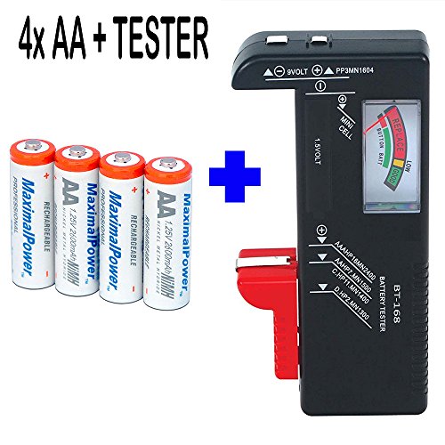 MaximalPowerUniversal Battery Tester Checker and 4x AA 2600mAh NiMh Nickel Metal Hydride 1.5V Cell Batteries