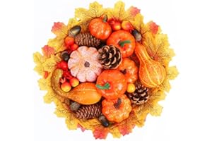 YANGTE 108Pcs Autumn Decorations Artificial Pumpkins Fake Leaves, Mini Pumpkins Pine Cones Maple Leaves Acorns Pomegranate Assorted Set, for Fall and Thanksgiving Home Table Decor