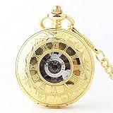 Easy Go Shopping Taschenuhr römische Zahlenzähne Geschnitzte goldene Retro Mechanik mit Kette doppelt offenes weißes Zifferblatt Unisex Taschenuhr