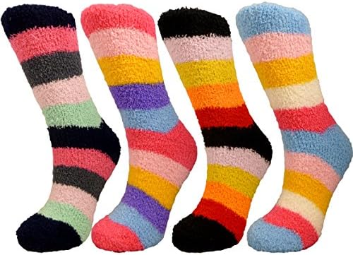 4 Pairs Ladies Fluffy Warm Cosy Evening Bed Socks Stripes Design