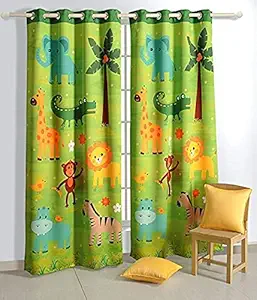 NARAYAN 3D Cartoon Jungle Digital Printed Polyester Fabric Curtains for Bed Room Kids Room Living Room Window/Door/Long Door - Dn-n55 - Set of 2 (Green, 4 x 7 Feet/48 x 84 Inch)
