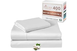 PIZUNA LINENS Pizuna Set Lenzuola letto singolo Cotone 90x200 cm Bianco, 400 fili con trama Sateen in 100% Cotone a fiocco lungo Completo lenzuola con 1 lenzuolo con angoli, 1 lenzuolo sopra, 1 federa