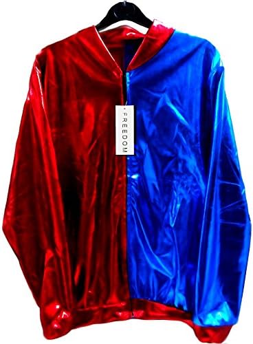 Women’s Bomber Suicide Squad Harley Quinn Metallic Fancy Bomber Jackets (SM, Red/Blue)