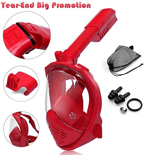HEROUNION® Cambered Surface 5th Foldable Anti-Fog Anti-Leak Snorkel Mask Full Face GoPro Compatible 180° Panoramic View Diving Mask Set For Kids And Adults (Red S/M)