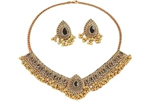 IMINI Conjunto de joyas indias tradicionales bohemias para mujeres y niñas, plata envejecida, oxidada étnica fiesta de graduación de fin de año, collar de plastron pendientes gargantilla punk cristal regalo