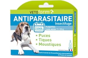 VETOFORM | Pipette Antiparasitaire Chien Adulte (15|30 kg) | Anti puces et Anti-Tiques | 3x3 ML | Fabriqué en France