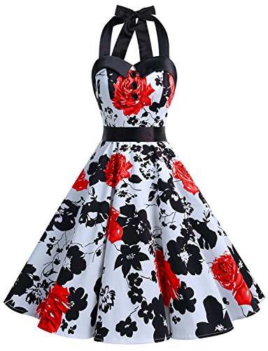 Dressystar Vestidos Corto Cuello Halter Estampado Flores y Lunares Vintage Retro Fiesta 50s 60s Rockabilly Mujer Rojo Flor B S