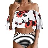 Bikini Set Badeanzug Damen Sommer Sexy Hohe Taille Rüschen Basic Bikini Mit Print S-XLWeißS