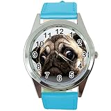 taport Mops Hund Quarzuhr Blau Leder Band + Gratis Ersatz Batterie + Gratis Geschenkverpackung