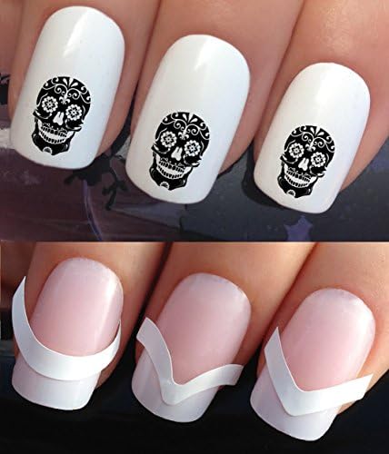 WATER NAIL TRANSFERS DECALS STICKERS ART SET #306. PLUS GOLD LEAF SHEET! x24 BLACK SUGAR SKULL DAY WRAPS &amp; 24KT GOLD! CAN BE USED WITH NATURAL GEL ACRYLIC STICK ON NAILS! OR WITH GLITTER DUST CAVIAR BEADS ALLOYS DECORATIONS CONFETTI FIMO SHAPES TAPE PENS RHINESTONES!